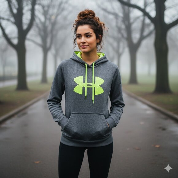 Under Armour Hoodie Pullover Sweatshirt Storm Fleece Lined Gray Neon Lime M - Picture 1 of 12